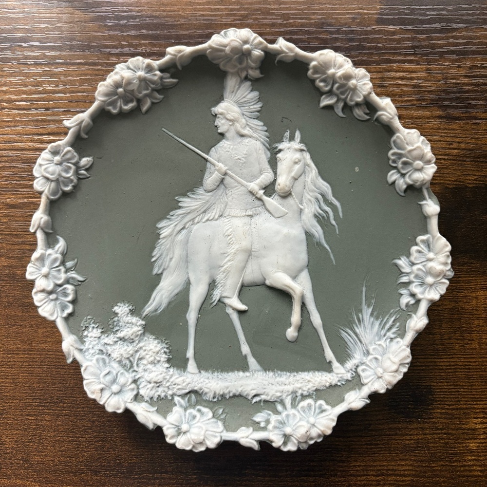 Schafer & Vater Porcelain Green Jasperware Native American On Horse W/ Rifle